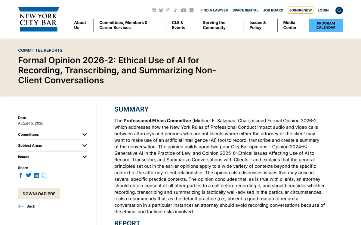 NYC Bar Formal Opinion 2026-2 on AI recording of non-client conversations