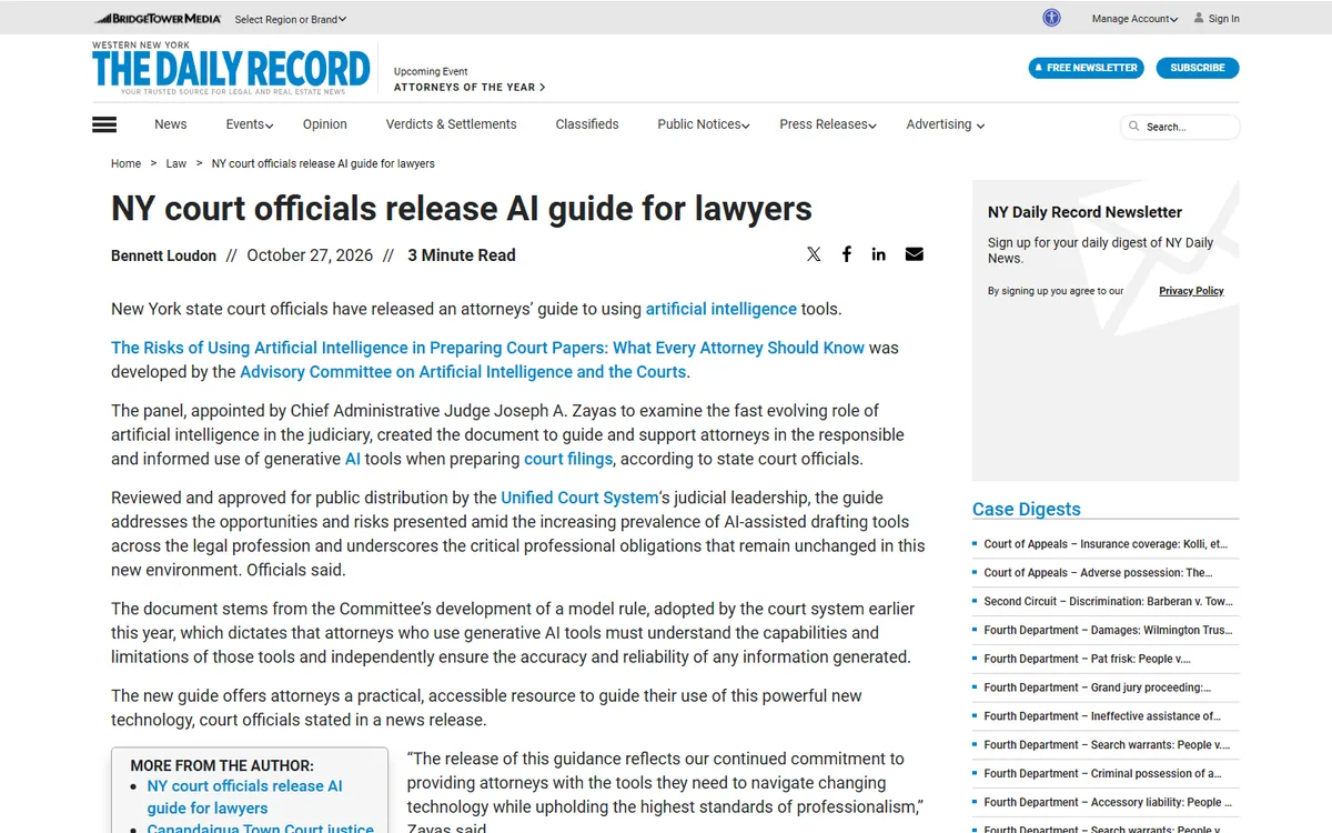 Screenshot: NY Daily Record article headlined NY court officials release AI guide for lawyers, dated October 27, 2026