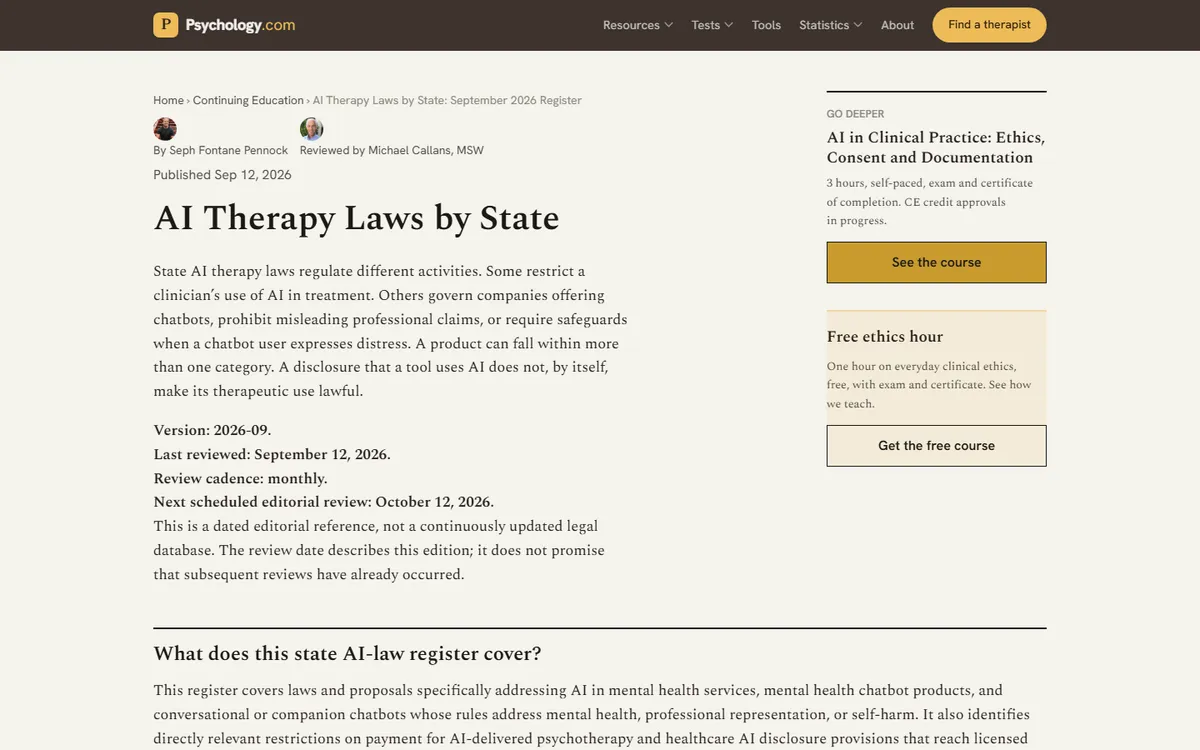 AI therapy laws by state register, September 2026 version