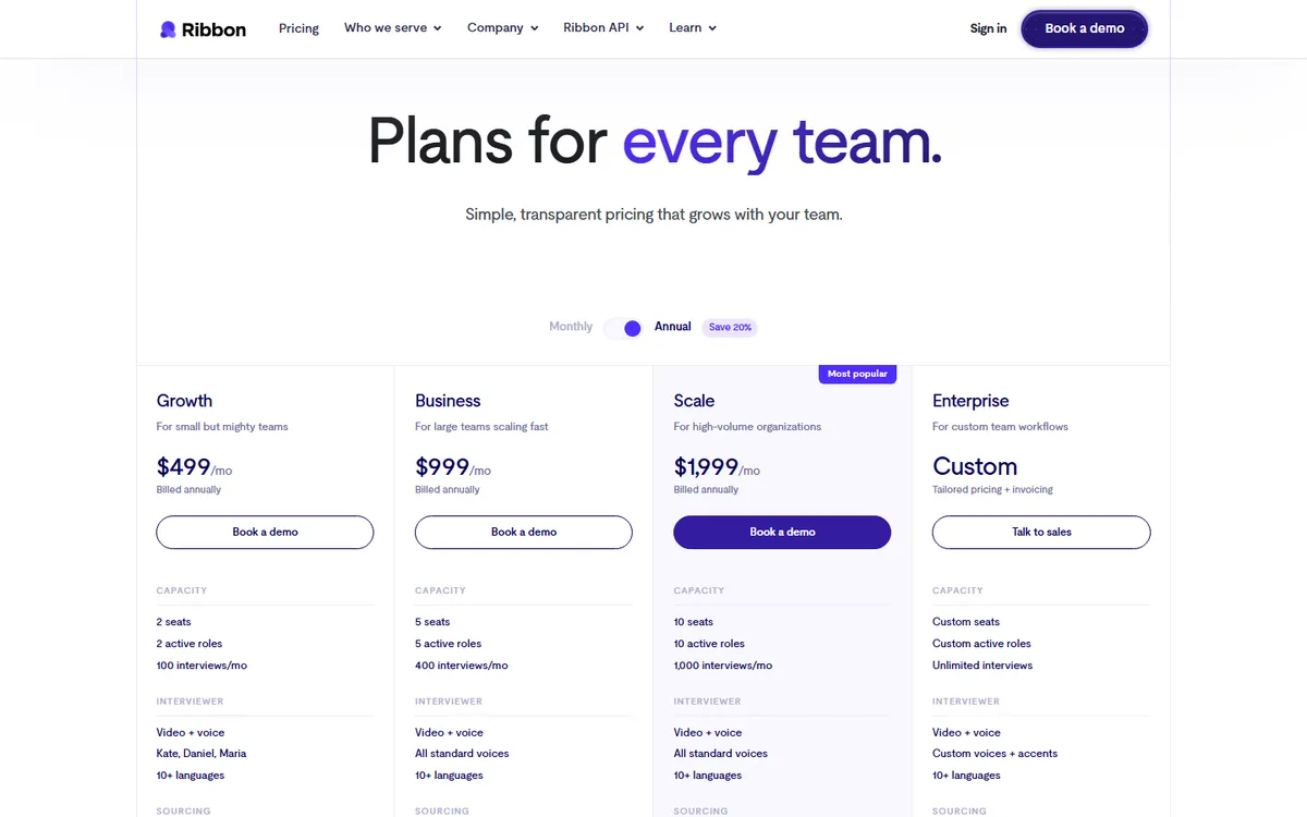 Screenshot: Ribbon AI pricing page showing Growth, Business, Scale and Enterprise plans with interview allowances