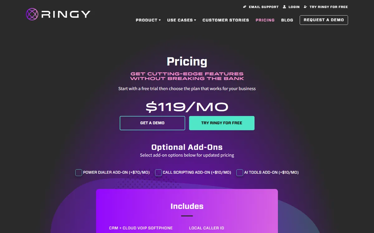 Screenshot: Ringy pricing page with base plan and add-ons