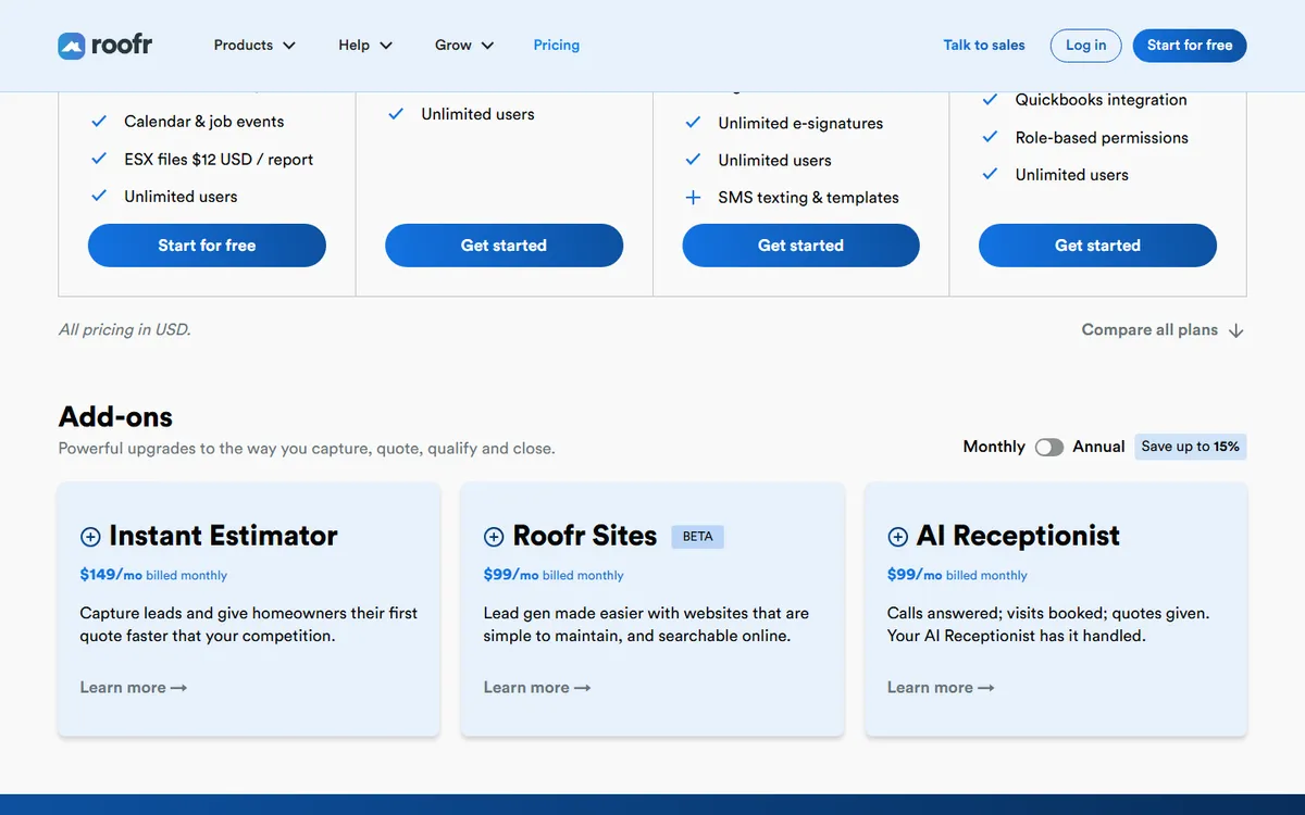 Screenshot: Roofr pricing page add-ons showing Instant Estimator $149 a month, Roofr Sites $99 a month and AI Receptionist $99 a month billed monthly