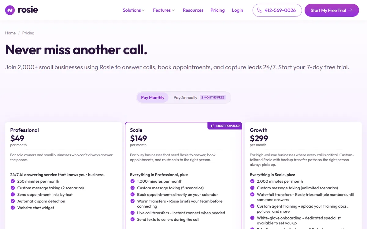 Screenshot: Rosie pricing page showing Professional $49, Scale $149 and Growth $299 monthly plans with minutes included