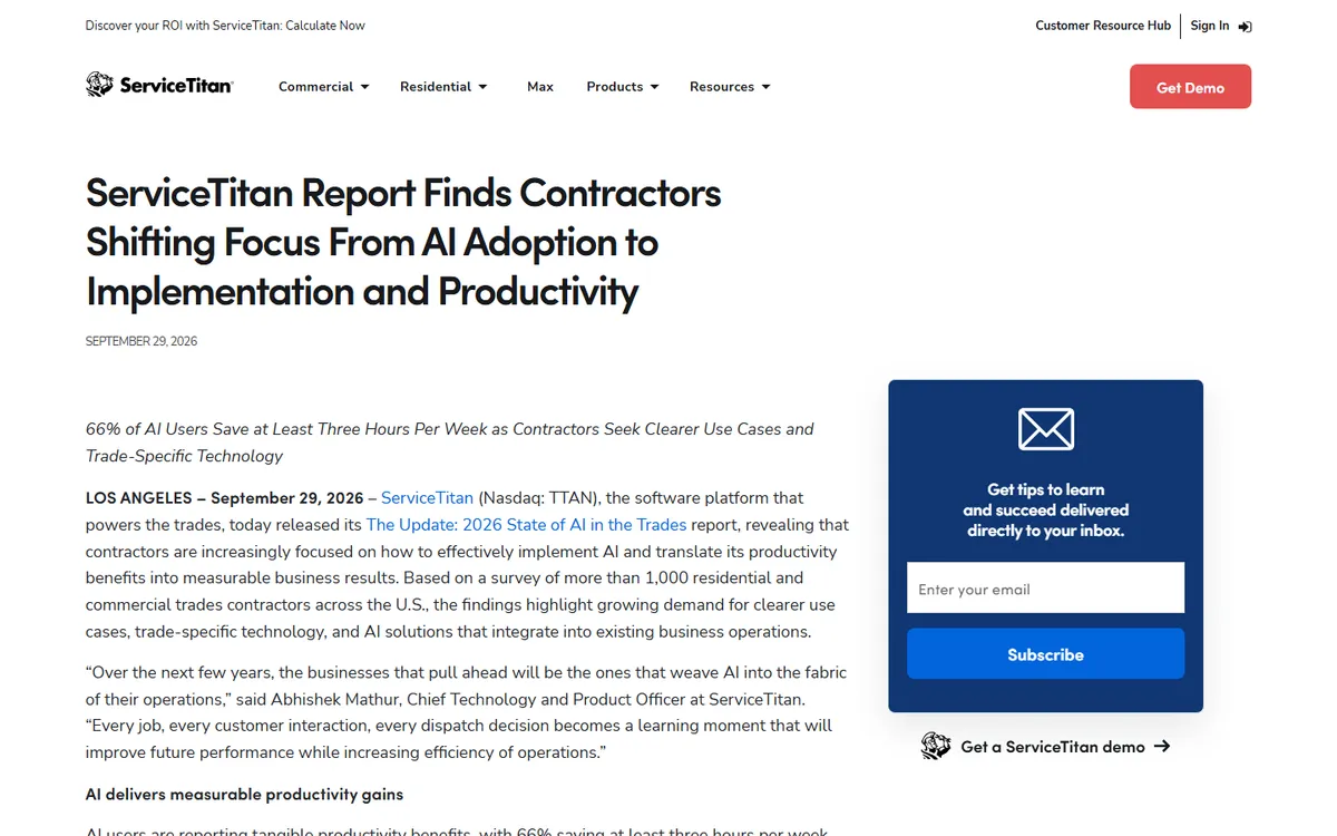ServiceTitan press release on its 2026 State of AI in the Trades update