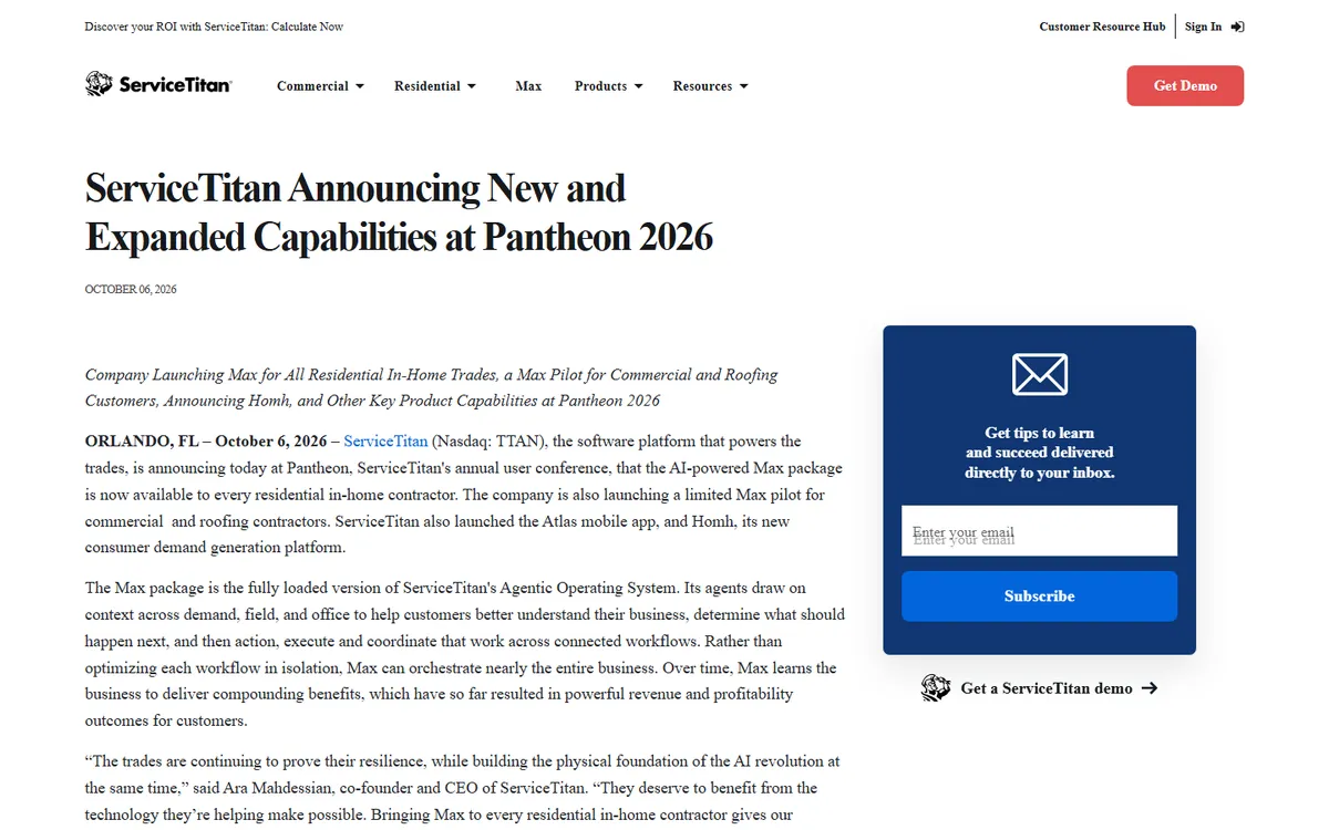 ServiceTitan press release announcing new capabilities at Pantheon 2026