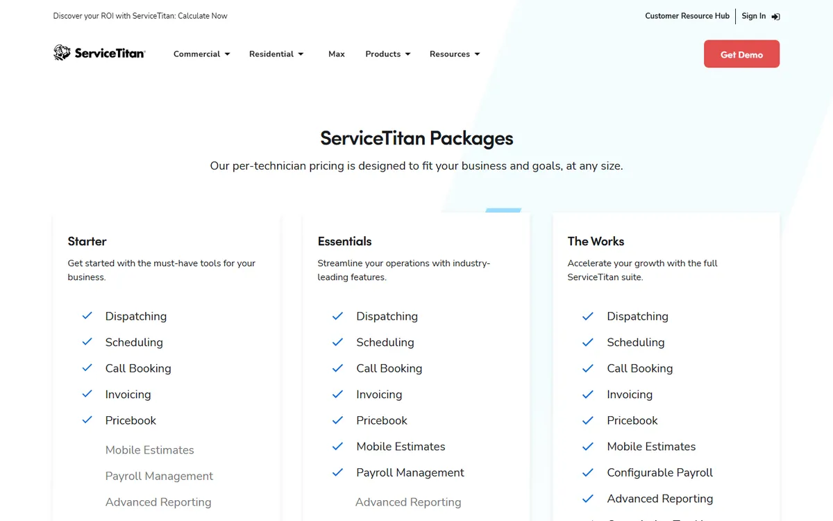 Screenshot: ServiceTitan packages page showing Starter, Essentials and The Works with per-technician pricing and no listed prices