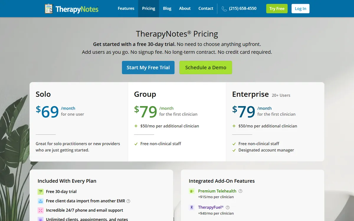 Screenshot: TherapyNotes pricing page with Solo, Group and Enterprise plans and add-ons