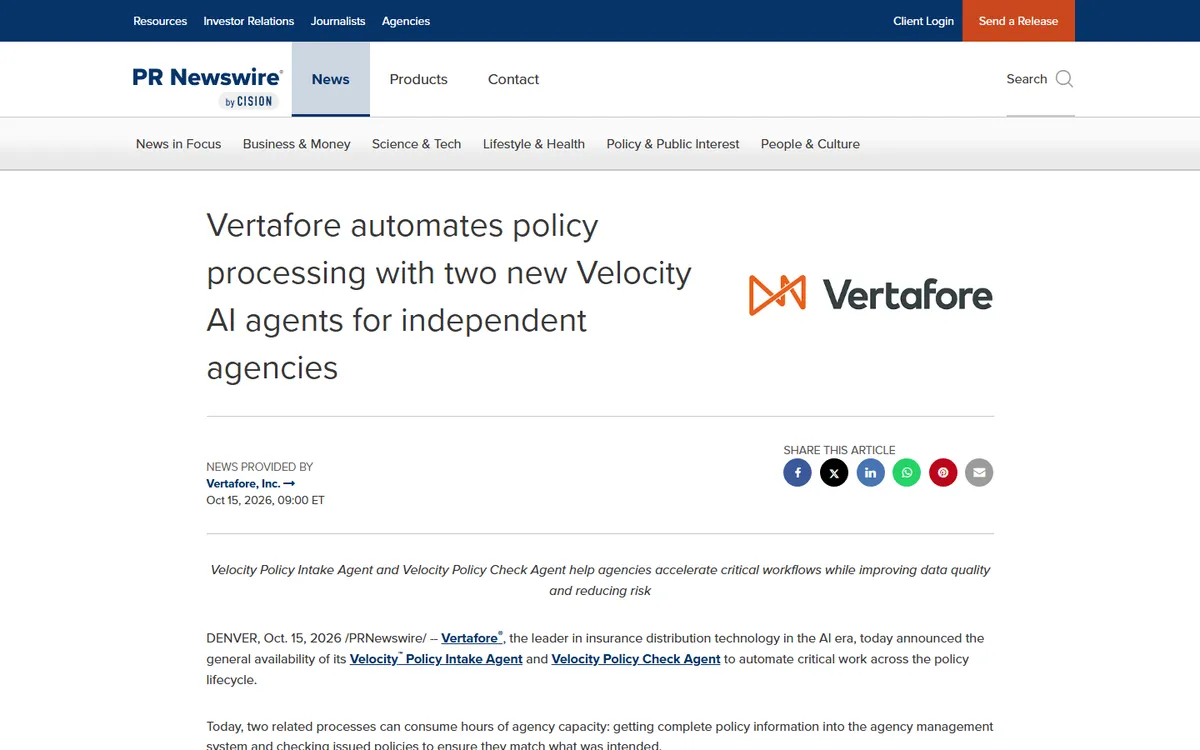 Screenshot: Vertafore's October 15, 2026 press release announcing the Velocity Policy Intake and Policy Check agents