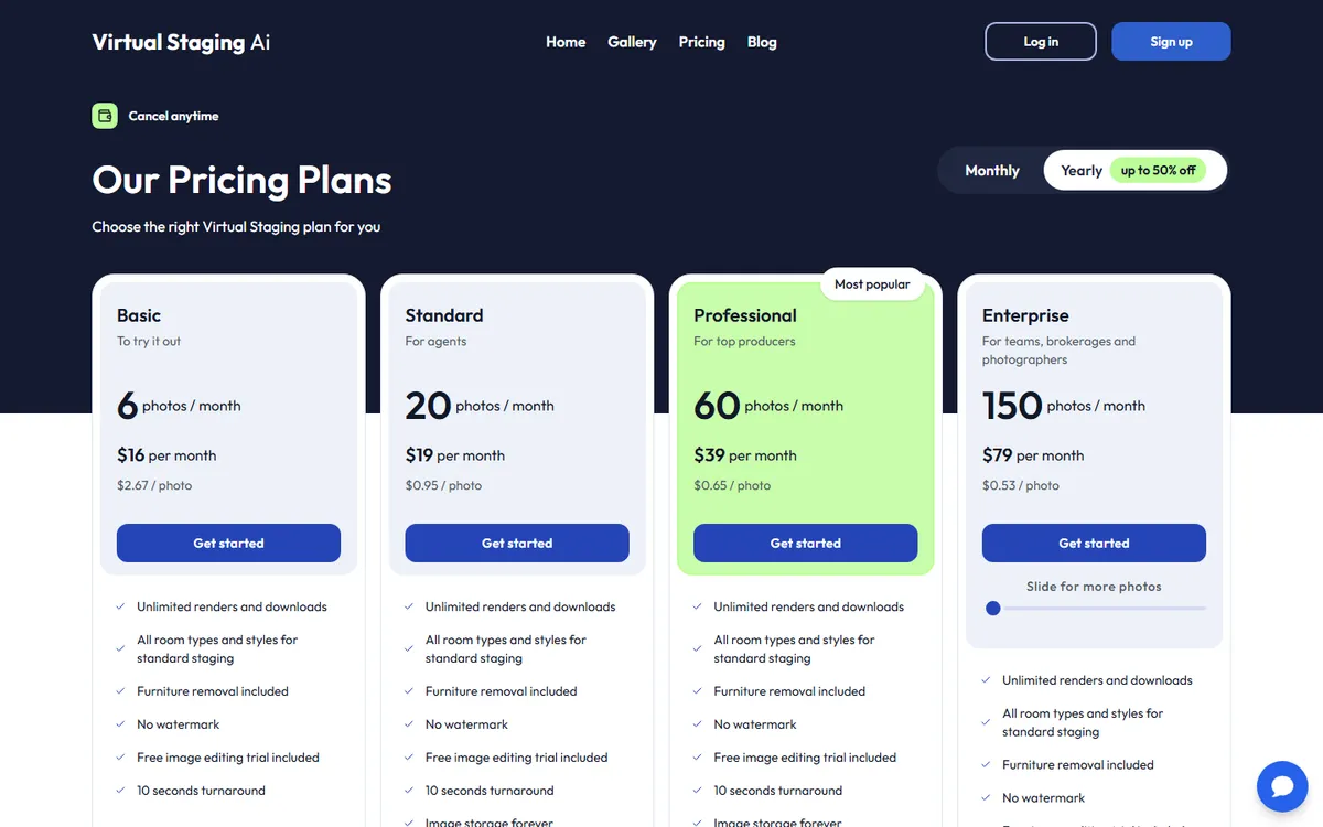 Screenshot: Virtual Staging AI pricing page with per-month plans