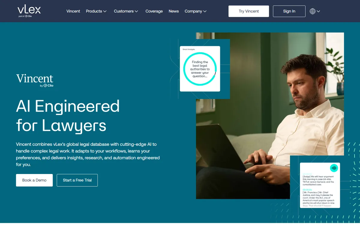 vLex's Vincent AI product page, AI engineered for lawyers