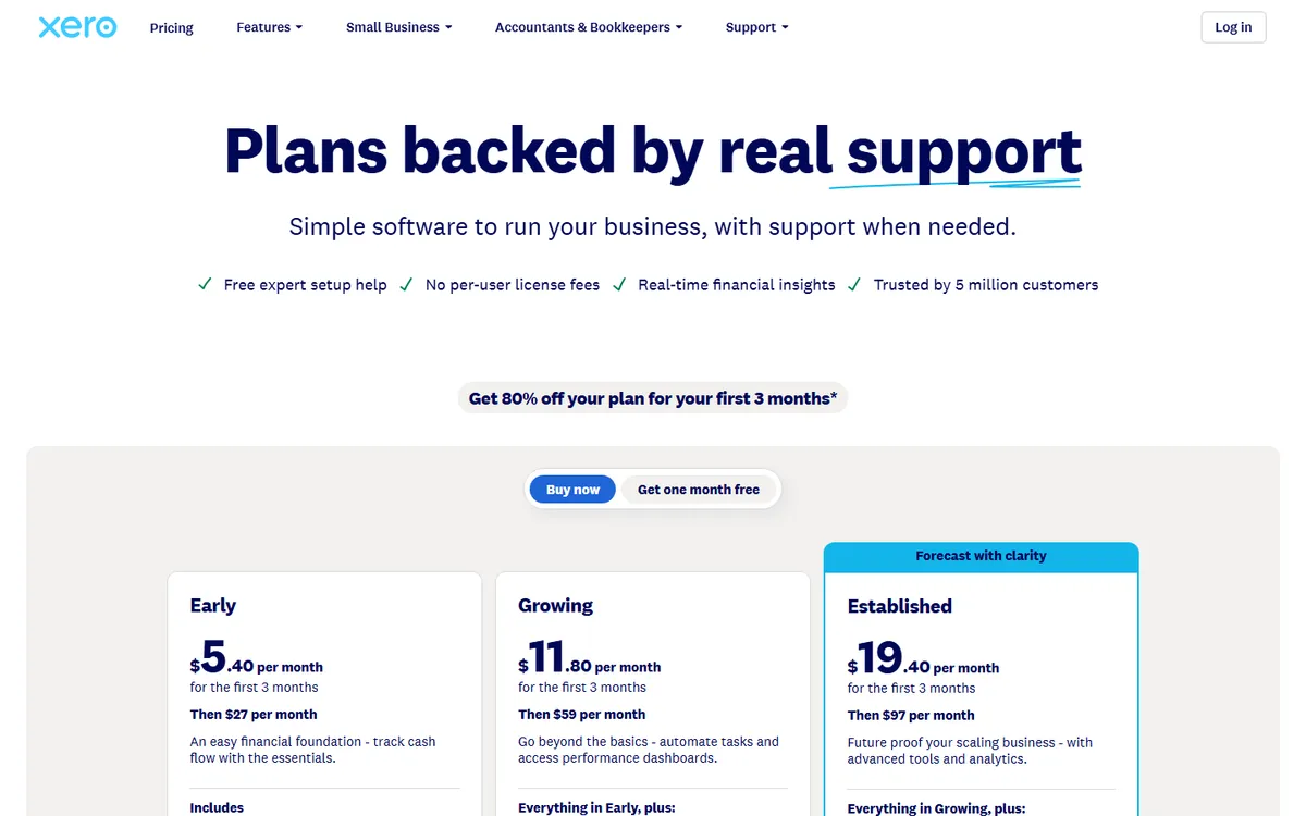 Xero's US pricing page showing Early, Growing and Established plans