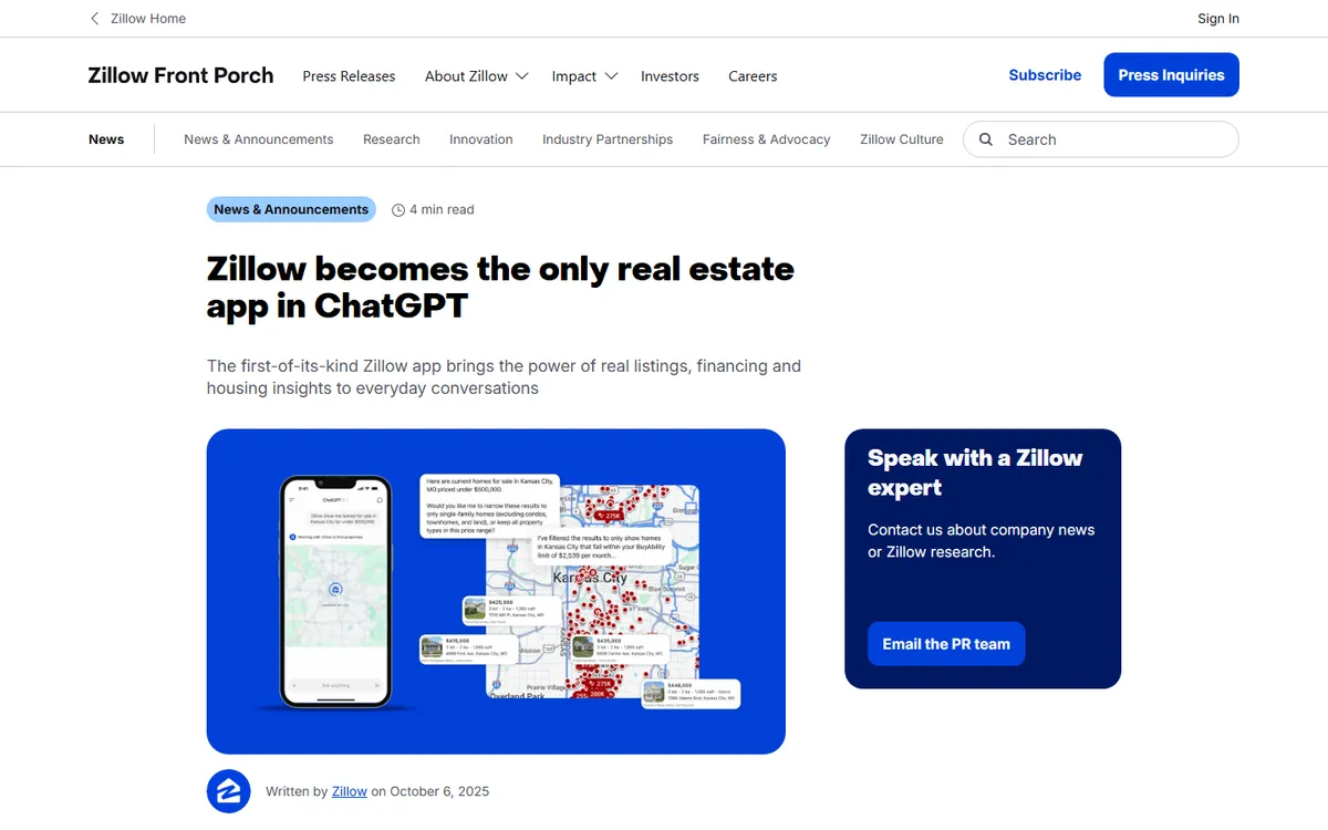 Zillow announcement that it is the only real estate app in ChatGPT